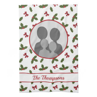 Christmas Holly And Bows Custom Photo Template Kitchen Towel