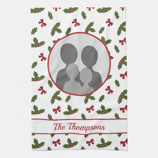 Christmas Holly And Bows Custom Photo Template Kitchen Towel (Vertical)