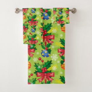Christmas Holly And Bulbs And Bows Bath Towel Set