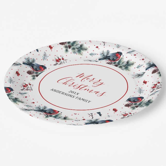 Christmas holly and Christmas bullfinch pattern Paper Plates (Angled)
