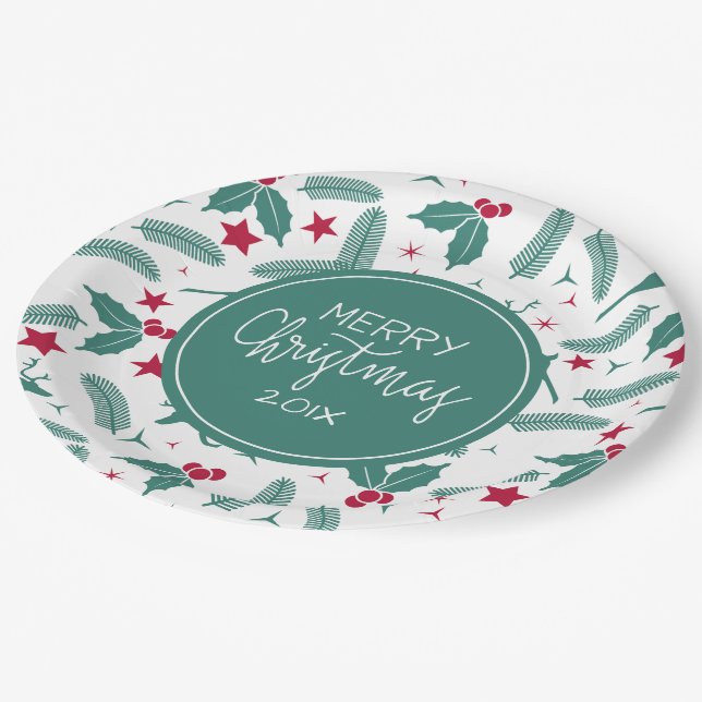 Christmas holly and Christmas deer pattern Paper Plates (Angled)