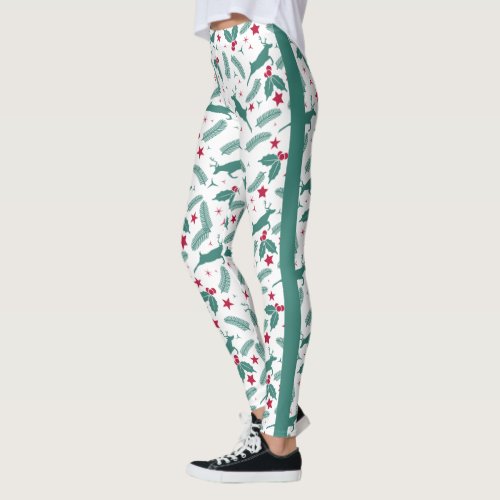 Christmas holly and deer pattern leggings