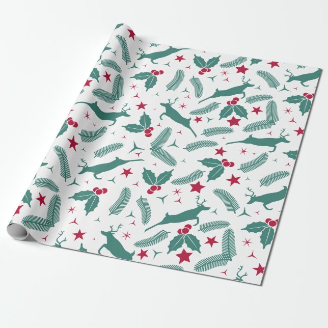 Christmas holly and deer pattern wrapping paper (Unrolled)