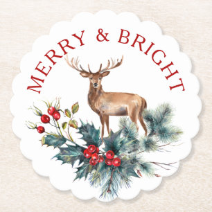 Christmas holly and deer wreath paper coaster