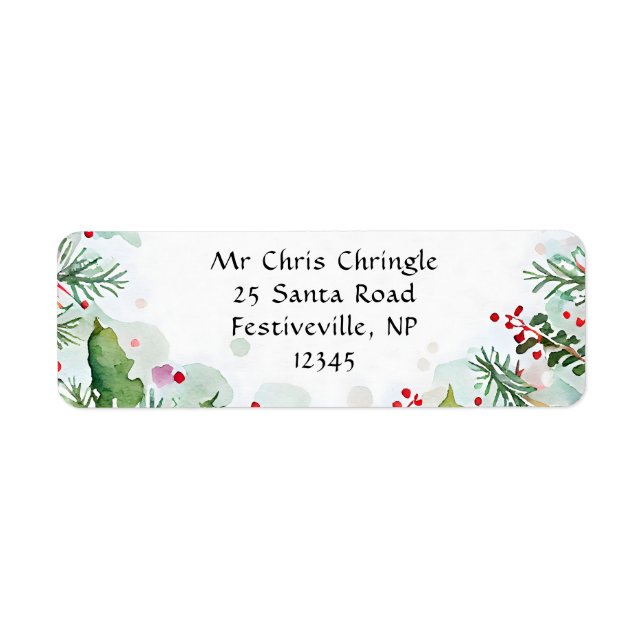 Christmas Holly and Fir Branch Festive Watercolor Label (Front)
