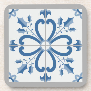 Christmas holly and flowers petals blue tile beverage coaster