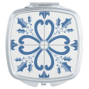 Christmas holly and flowers petals blue tile compact mirror