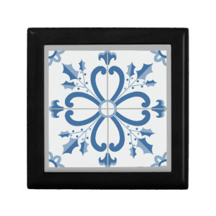 Christmas holly and flowers petals blue tile gift box