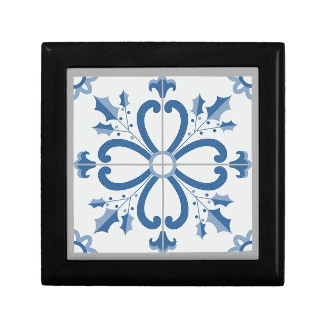 Christmas holly and flowers petals blue tile gift box (Front)