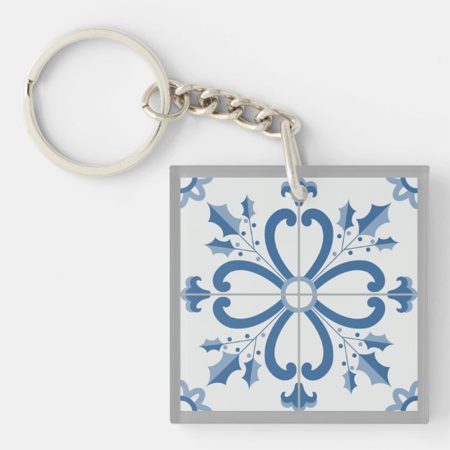Christmas holly and flowers petals blue tile keychain (Front)