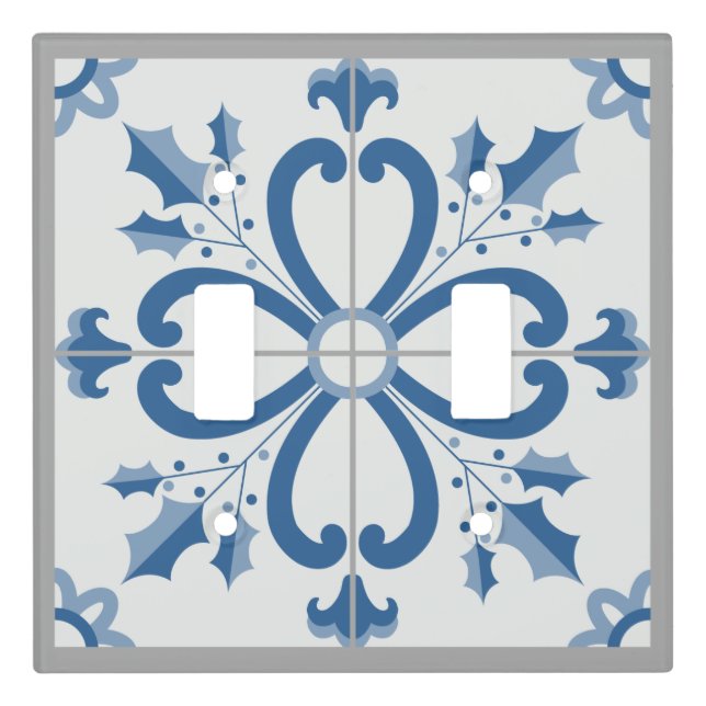 Christmas holly and flowers petals blue tile light switch cover (Front)