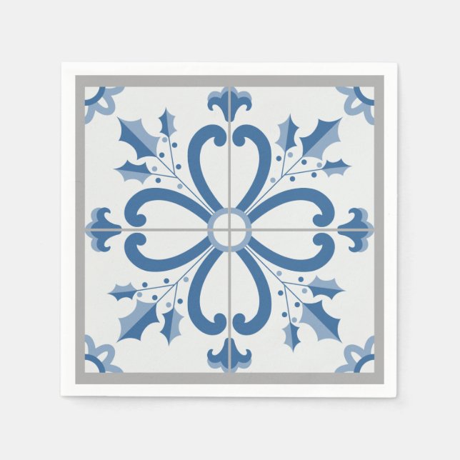 Christmas holly and flowers petals blue tile napkins (Front)