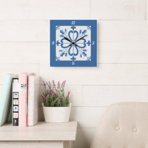 Christmas holly and flowers petals blue tile square wall clock