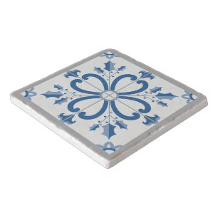 Christmas holly and flowers petals blue tile trivet
