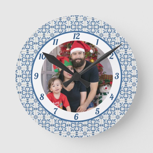 Christmas holly and flowers petals tiles frame round clock (Front)