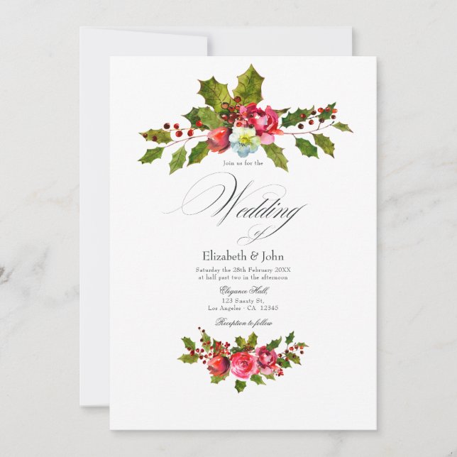 Christmas Holly and Ivy with Red Roses Wedding Invitation (Front)