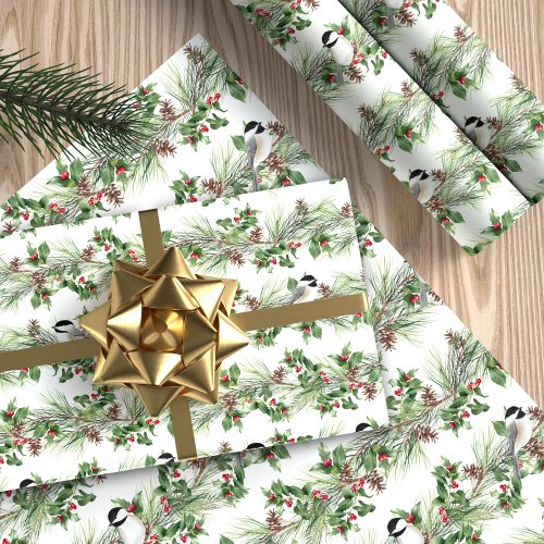 Christmas Holly and Pine Chickadees Wrapping Paper