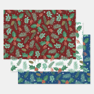 Christmas holly and pine cones pattern wrapping paper sheets