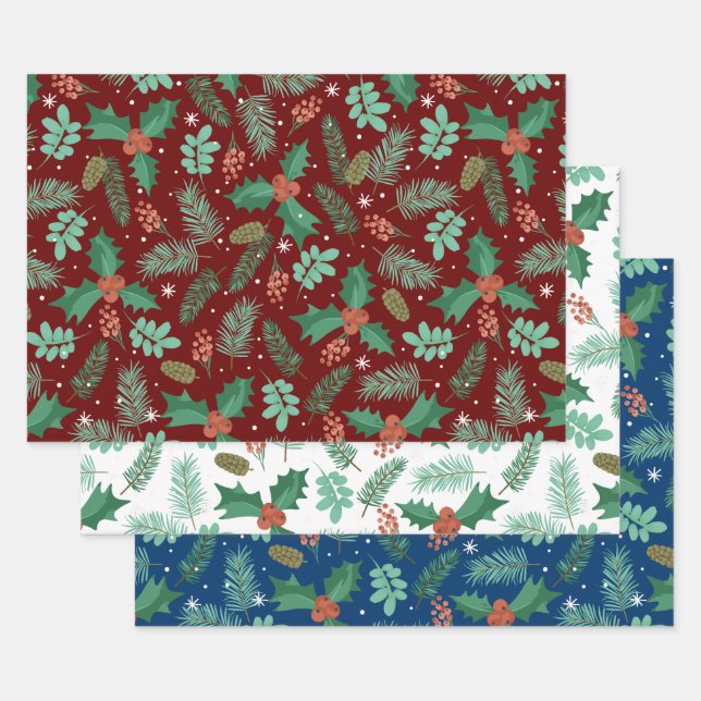 Christmas holly and pine cones pattern wrapping paper sheets (Set)