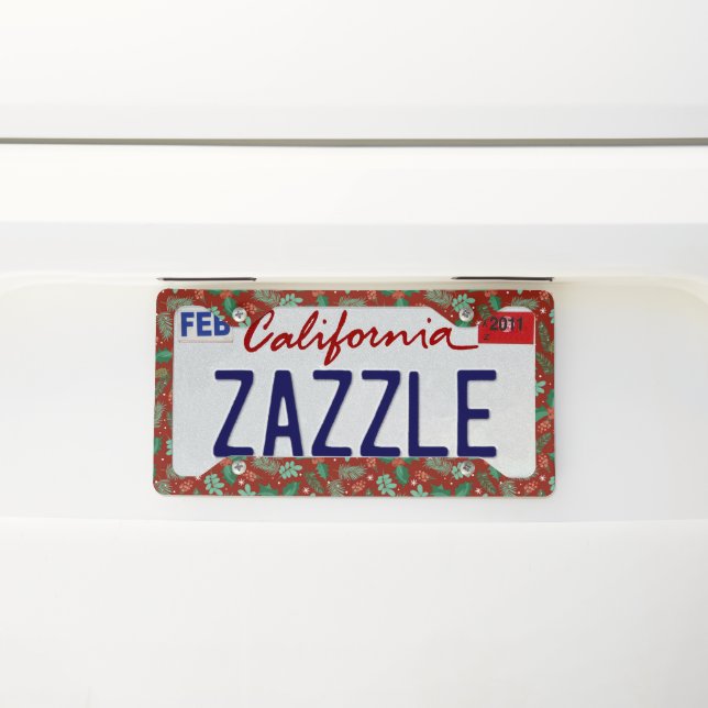 Christmas Holly and Pinecones Pattern License Plate Frame (On Car)