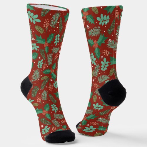 Christmas holly and pinecones seamless pattern socks