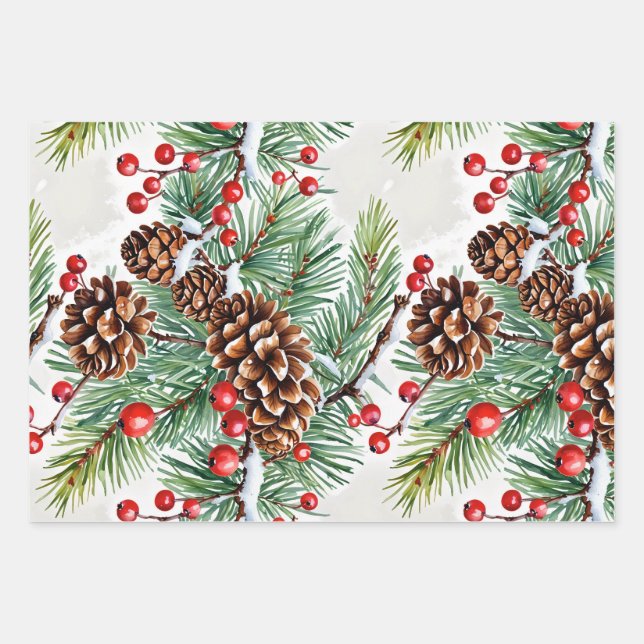 Christmas Holly and Pinecones Wrapping Paper Sheets (Front)