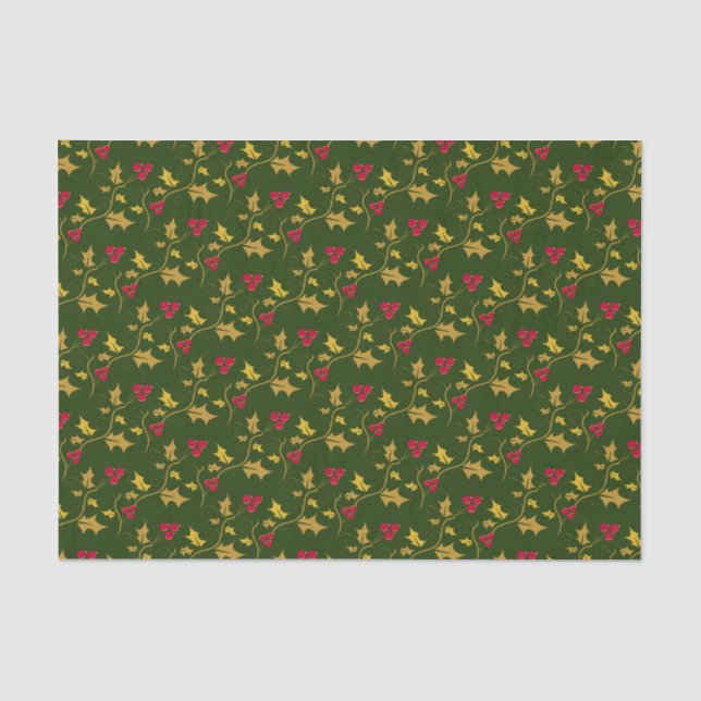 Christmas holly and red berries gold leaves green tissue paper (Front)
