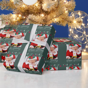 Christmas holly and red berries green photo wrapping paper