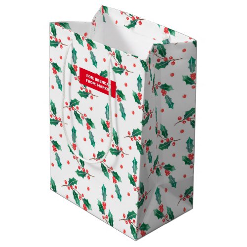 Christmas holly and red berries pattern medium gift bag