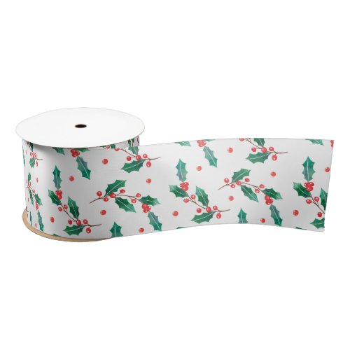 Christmas holly and red berries pattern satin ribbon