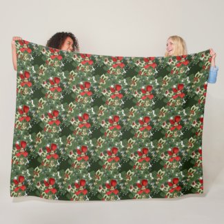 Christmas Holly and Red Bows Fleece Blanket