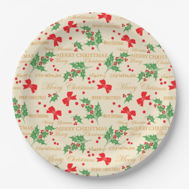 Christmas Holly and Ribbon Paper Plates (Front)