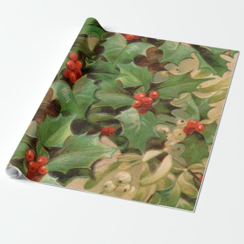 Christmas holly art print vintage design floral wrapping paper