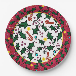 Christmas Holly Artistic Pattern Party Paper Plates