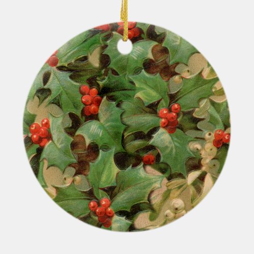 Christmas Holly Artwork Design Festive Pattern Ceramic Ornament