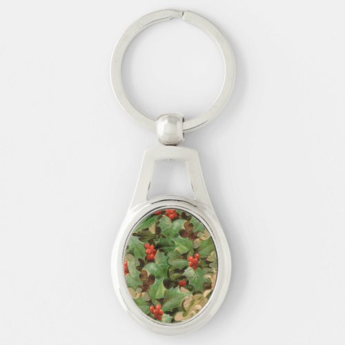 Christmas Holly Artwork Design Festive Pattern Keychain