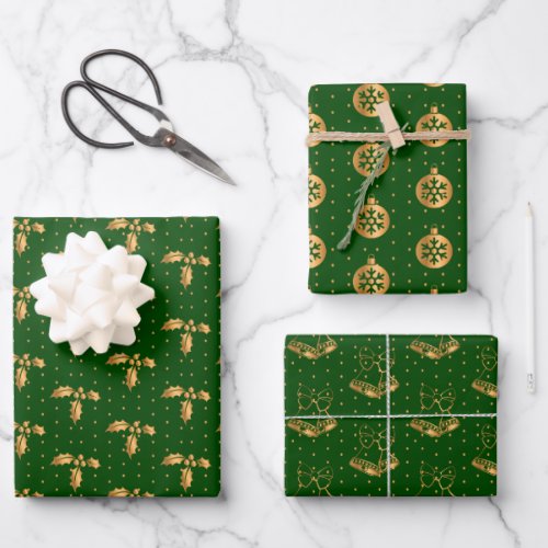 Christmas Holly Baubles and Holly on Green Wrapping Paper Sheets