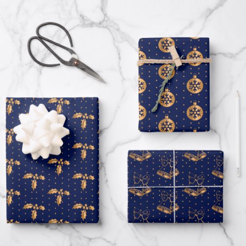 Christmas Holly Baubles and Holly on Navy Blue Wrapping Paper Sheets