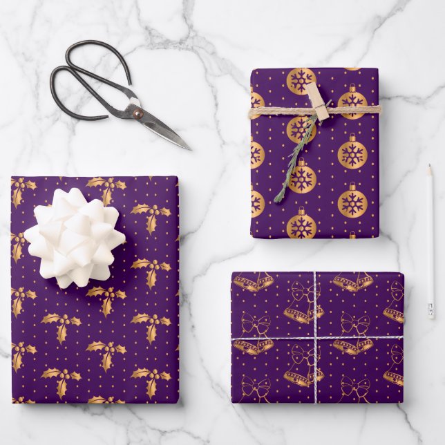 Christmas Holly, Baubles and Holly on Purple Wrapping Paper Sheets (Front)