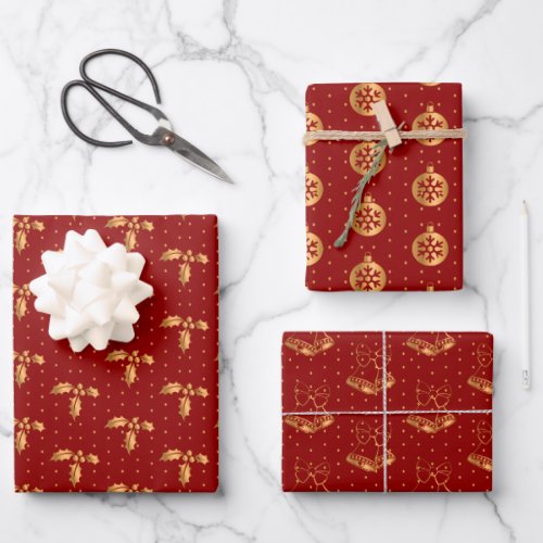 Christmas Holly Baubles and Holly on Red Wrapping Paper Sheets