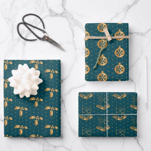 Christmas Holly Baubles and Holly on Teal Wrapping Paper Sheets