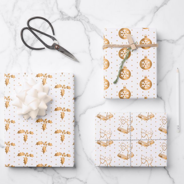 Christmas Holly, Baubles and Holly on White Wrapping Paper Sheets (Front)
