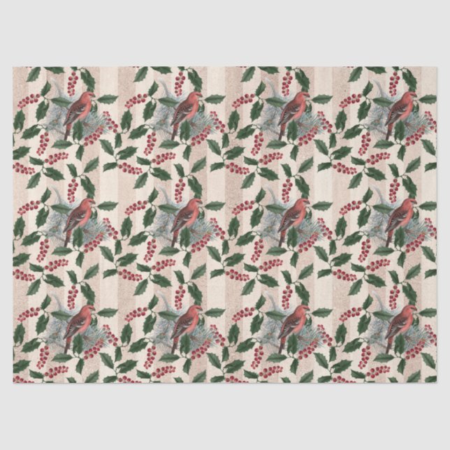 Christmas Holly Berries and Birds Decoupage Tissue Paper (Front)