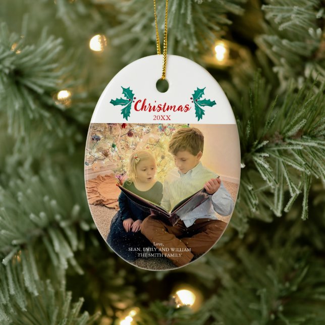 Christmas Holly Berries Custom Family Photo Ceramic Ornament (Tree)