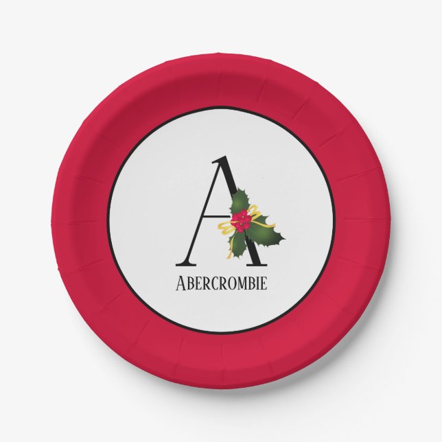 Christmas Holly Berries Elegant Monogram Initial A Paper Plates (Front)