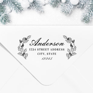 Christmas Holly Berries Family Name Return Address Self-inking Stamp