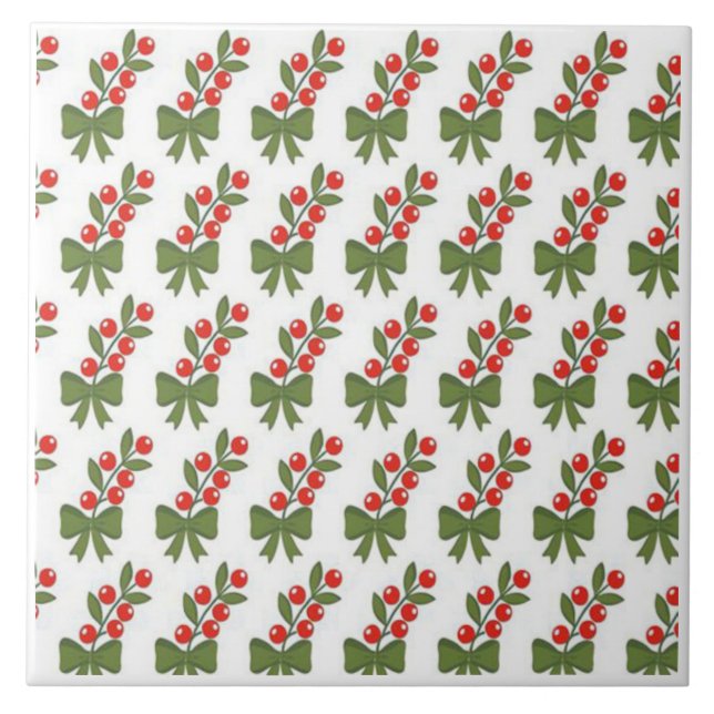Christmas Holly Berries & Green Bow Pattern Ceramic Tile (Front)