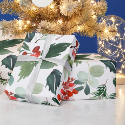 Christmas Holly Berries Greenery Wrapping Paper