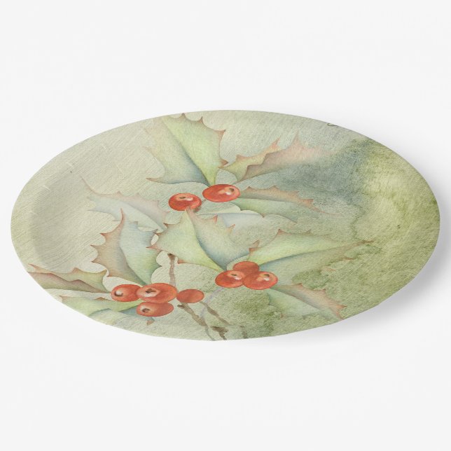 Christmas holly berries paper plates (Angled)