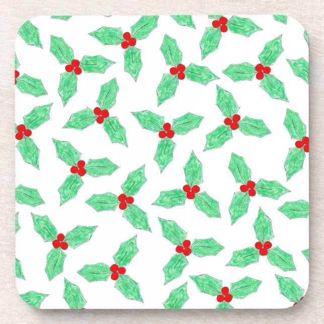 Christmas holly berries pattern beverage coaster (Front)